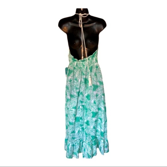 Green white floral open back halter beach cover up crochet maxi dress size small - Picture 5 of 16